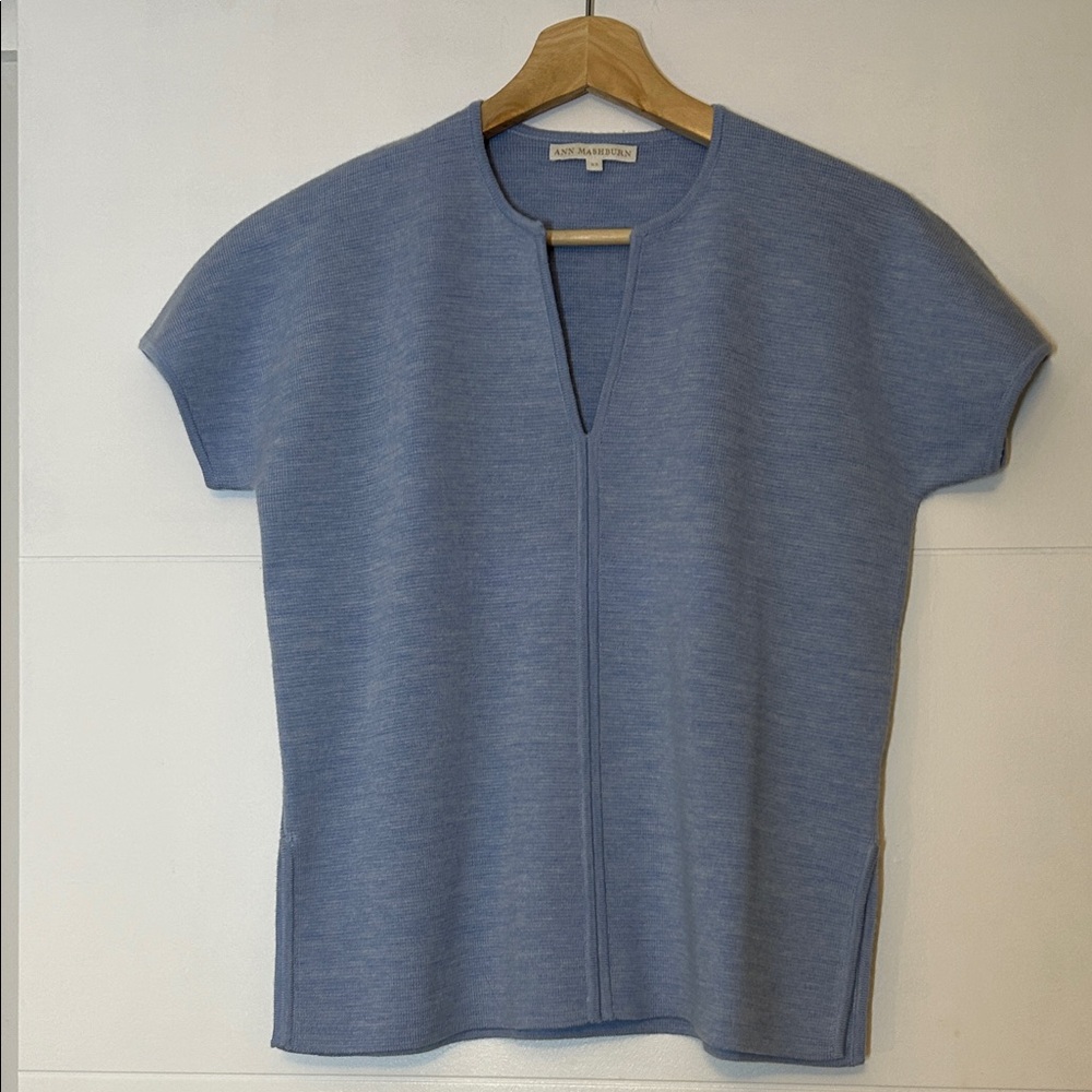 ANN MASHBURN Blue Short Sleeve Women's Wool Sweater
